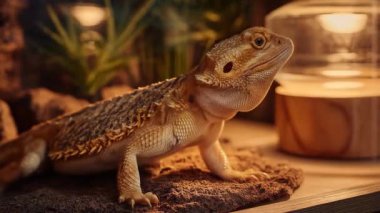 Sakallı bir ejderha, doğal bir yaşam alanında, sıcak bir ışık altında, sürüngen doğal çöl ortamını yansıtan kayalar ve bitkilerle rahatça uzanır..