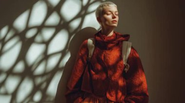 Kısa saçlı bir kadın, duvarın karşısında duruyor. Karmaşık pencere desenleriyle çerçevelenmiş bir gölge bırakıyor. Bir sırt çantası taşırlar, modern ve düşünceli bir sahne yaratırlar..