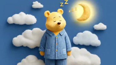 Mavi pijamalı uykulu bir ayı, tüylü bulutların arasında huzur içinde durur. Hilal ay ve yıldızlı gökyüzünün altında hayal kurar. Huzur ve gece sükuneti hissi uyandırır..