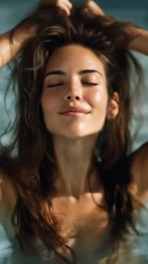 Bir kadın, huzurlu bir spa ortamında huzur, lüks ve gençleşme ruhunu yakalayan, huzurlu bir havuza daldırılmış bir rahatlama anı yaşar.