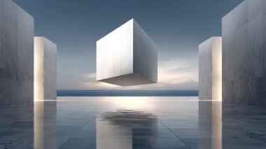 Mimari sütunlar arasında zarif bir şekilde süzülen mermer bir küp, sakin okyanus zeminiyle parlayan bir yüzeyden yansıyarak denge ve sükuneti yakalıyor.