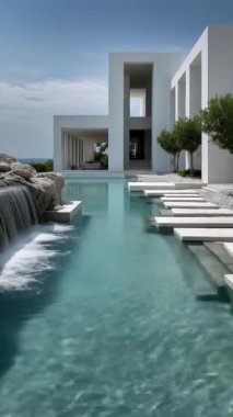 Okyanusa bakan sonsuz havuzlu çarpıcı modern lüks bir villa. Minimalist mimari, beyaz taş yollar ve yemyeşil, dingin zarafetin simgesi.