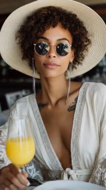 Geniş kenarlı şapkalı ve güneş gözlüklü şık bir kadın ferahlatıcı bir içecekten zevk alıyor, zarafet ve lüks saçıyor. Giysileri ve aksesuarları sofistike bir yaşam tarzını ön plana çıkarıyor.