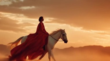 Uçan kırmızı elbiseli bir kadın gün batımında sakin bir manzarada beyaz bir ata biniyor. Gökyüzü sıcacık renklerle parıldıyor, zarafet ve sükunet dolu bir anı yakalıyor..