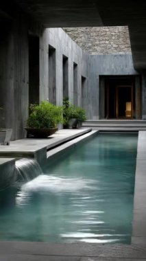 İçinde modern tasarım elementleri olan, taştan duvarlar, çağlayan su ve yemyeşil bir havuz. Güneş ışığı içeri akar, huzurlu ve varlıklı bir atmosfer yaratır.