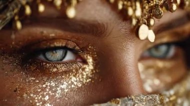 Işıl ışıl altın bir göz farı ve özenle işlenmiş süslemelerle bezenmiş, zarif ve zarif bir şekilde işlenmiş bir peçeyle, kesilip biçilmiş büyüleyici kadının gözlerinin yakın çekimi..