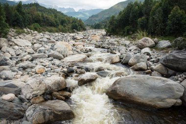 Uganda 'nın Kilembe Köyü' nde taşla kaplı nehir yatağı.