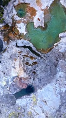 Yeni Zelanda 'daki canlı Rotorua termal manzarasının hava görüntüsü, buharlaşan bacalar, renkli mineral yatakları ve benzersiz volkanik oluşumlarla jeotermal aktiviteler sergiliyor.