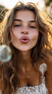 Dalgalı saçlı genç bir kadın neşeli bir şekilde hava kabarcıkları salıyor, tasasız çocukluğun ve neşeli bir ortamda neşeli anların özünü yakalıyor.