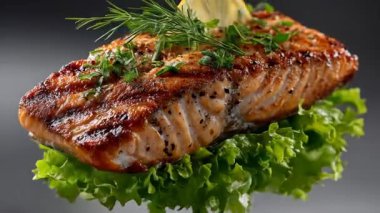 Sulu ızgara somon fileto taze yeşil marul yatağında servis edilir, mis kokulu otlar ve bir dilim limonla süslenir, lezzetli ve görsel olarak çekici bir deniz ürünleri yemeği sunar.