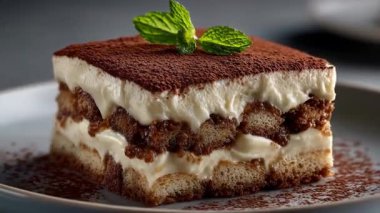 Nefis bir tiramisu diliminde kremalı mascarpone tabakaları ve kahveye batırılmış kadın parmakları kakao tozuyla bitirilmiş ve beyaz bir tabakta taze nane ile süslenmiş.