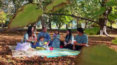 Gülümseyen Asyalı aile, Yeni Zelanda parkında rahatlatıcı bir sonbahar pikniğinin tadını çıkarırken renkli bardakları paylaşıyor. Parlak yapraklar, ağaçlar ve doğa sıcak ve neşeli bir atmosfer yaratır.