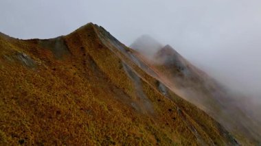 Sonbaharda Wanaka 'daki Roys Tepesi' nin sisli manzarası. Dağlar sisle kısmen gizlenmiş, gizemli ve sakin bir atmosfer yaratıyor..