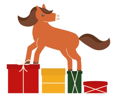 A brown horse stepping on colorful gift boxes. Festive Christmas or birthday theme with wrapped presents. Simple vector flat illustration, christmas, birthday card, banner, poster clipart