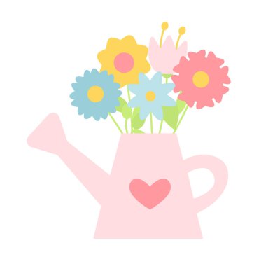 Renkli çiçeklerle dolu pastel pembe sulama tenekesinin düz çizgi film tarzı çizimi. Kutunun bir kalp sembolü var ve çiçekler sarı, mavi ve pembe.