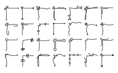 Çiçekli, geometrik ve soyut elementlerin oluşturduğu 24 minimalist köşe ayırıcının bir koleksiyonu. Beyaz arka planda siyah çizgiler. Dijital projeler, davetiyeler, dekoratif kullanım için mükemmel