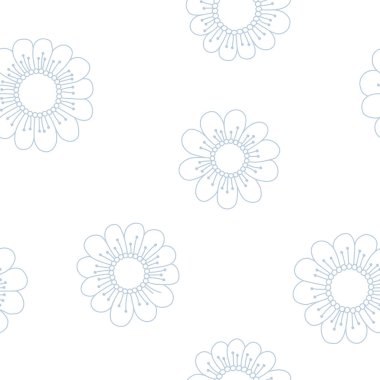 Vektör stilize edilmiş çiçek deseni. Dekoratif çiçek pürüzsüz desen. Beyaz arka planda narin palette doğrusal çiçekler. Botanik yineleme süsü.