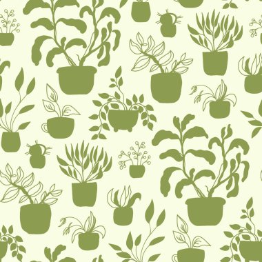 Saksı bitkileri pürüzsüz desen. Evimin yeşil dekoru. Kağıt, kumaş ve tekstil baskısı için düz vektör çizimi.