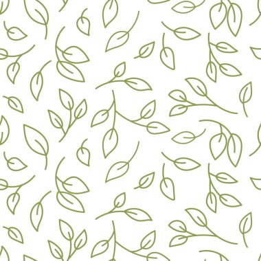 İlkel minimalist vektör kusursuz desen. Beyaz arka planda yeşil karalama yaprakları. Kağıt ve kumaş baskısı için tasarım.