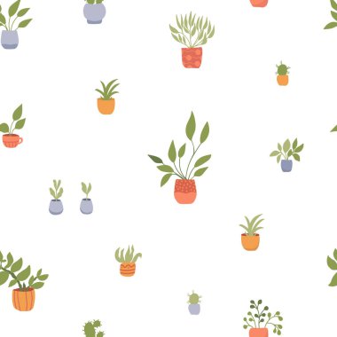 Saksı bitkilerinde pürüzsüz desen. Ambalaj kağıdı, kumaş ve tekstil için tasarlanmış. Vektör illüstrasyonu konforlu ev.