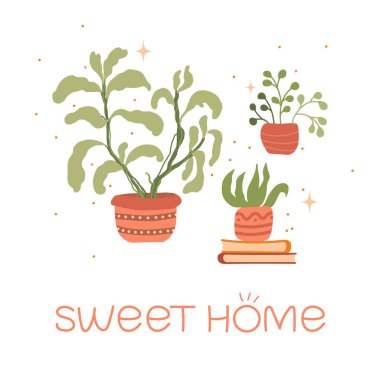 Kitap yığını, saksıdaki çiçekler vektör illüstrasyonu. Hygge tatlı ev atmosferi. Ev bitkisi severler için yazdırma.