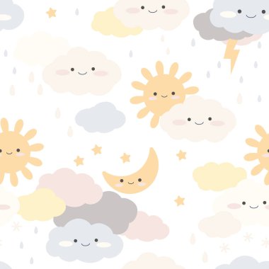 Boho 'lu çocuklar düz çizilmiş basit bir elle kusursuz desen çiziyorlar. Bulutların tatlı elementleri yağmur damlaları, beyaz arka planda güneş ve ay. Hassas palette çocuk odası vektör çizimi.