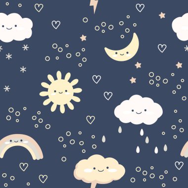 Boho 'lu çocuklar düz çizilmiş basit bir elle kusursuz desen çiziyorlar. Bulutların tatlı elementleri, yağmur damlaları, karanlık bir arka planda güneş ve ay. Hassas palette çocuk odası vektör çizimi.