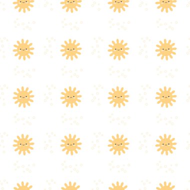 Çocuklar düz bir şekilde elle çizilmiş düz bir model. Beyaz arka planda sevimli güneş elementleri ve karalama elementleri. Çocuk odası vektör illüstrasyonu.