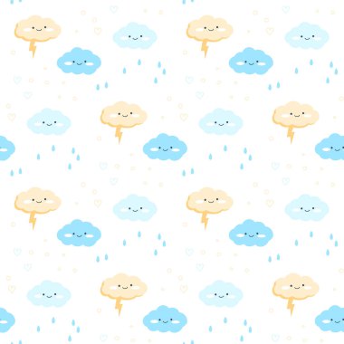 Çocuklar düz bir şekilde elle çizilmiş düz bir model. Yağmur damlalı bulutların sevimli elementleri, beyaz zemin üzerinde gök gürültülü fırtına. Hassas palette çocuk odası vektör çizimi.