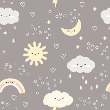 Boho 'lu çocuklar düz çizilmiş basit bir elle kusursuz desen çiziyorlar. Bulutların tatlı elementleri yağmur damlaları, güneş ve ay. Hassas palette çocuk odası vektör çizimi.