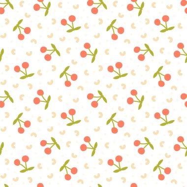 Basit kiraz vektör deseni. Beyaz arka planda parlak frutti şablonu. Kumaş, ambalaj kağıdı ve tekstil için iyidir..