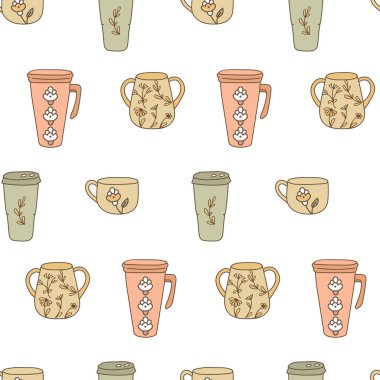 Kahve ve çay fincanlarıyla kusursuz desenler. Beyaz arka planda elle çizilmiş doku. Ev kahvesi severler için modern baskı tasarımı.
