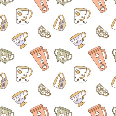 Beyaz arka planda kahve fincanları ve çay fincanlarıyla kusursuz desenler. El yapımı doku. Ev kahvesi severler için modern baskı tasarımı.