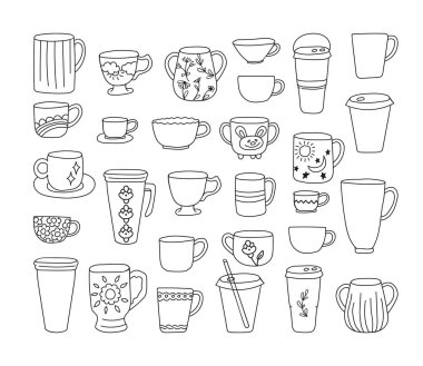 Çörek fincanı koleksiyonu. İskandinav usulü kahve ve çay fincanları. Şirin renkli porselen çizim seti. Beyaz arkaplanda siyah çizgi.