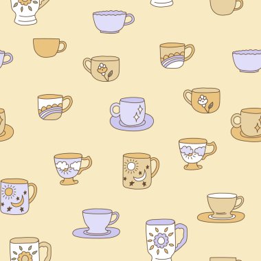 Moda bardak desenleri. İskandinav usulü kahve ve çay fincanları. Renkli porselen vektör çizimi. Parmak izi bardağı, bir fincan çay, bir kase kahve..
