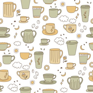 Moda bardak desenleri. İskandinav usulü kahve ve çay fincanları. Renkli porselen vektör çizimi. Bardak baskı, fincan kahve, bir kase kibrit..