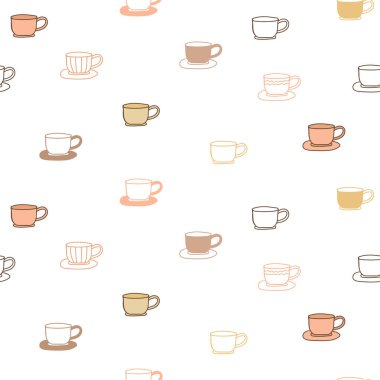 Basit bardaklar kusursuz desen çizer. Sütlü kahve fincanları. Vektör çizimi. Kumaş, ambalaj kağıdı, mutfak tekstili baskısı.
