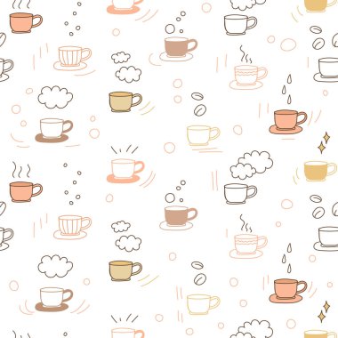 Beyaz bardaklar ve karalama elementleri. Kahve fincanları pürüzsüz. Vektör çizimi. Kumaş, ambalaj kağıdı, mutfak tekstili baskısı.