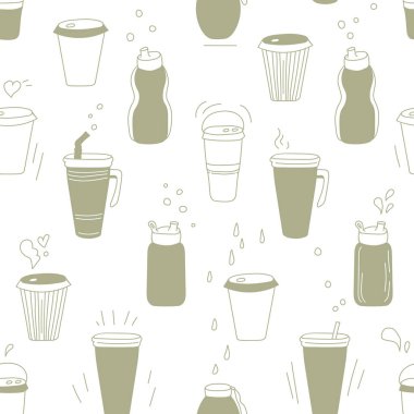 Su şişeleri, beyaz arka planda sağlıklı yaşam için kusursuz desen oluşturuyor. Su dengesi vektör illüstrasyonu. Dünya su günü. Biraz daha su iç..