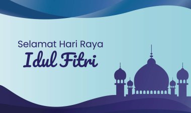Selamat Hari Raya Idul Fitri camii mor mavi arka planda, tebrik kartı şablonu tasarımı