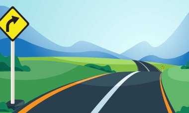 Doğa çizimi, dağ manzarası, dağa giden yol, arka plan için yeşil çayır.