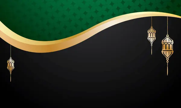 İslami tebrik kartı arkaplanda altın yeşili süsler ve asılı fenerler var.