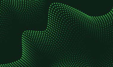 Yeşil noktalar koyu yeşil arkaplanda dalgalanıyor. Dinamik dalga çizgisi deseni