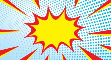 Mavi benekli Pop Art arkaplanı ve çizgi roman sarı kırmızı rengi