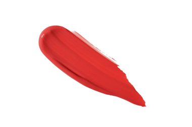 Beyaz arka planda izole ruj lekesi. Krem makyaj dokusu. Parlak kırmızı renkli kozmetik ürün fırça darbesi kaydırma örneği