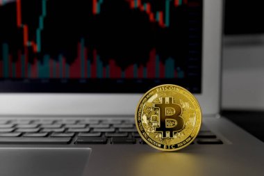 Bitcoin kripto para birimi dizüstü bilgisayarda, ekranda ticaret grafiği, BTC Kripto para birimi konsepti gösteriliyor.