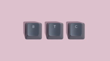 BTC kelimesi pembe arkaplandaki gri klavye tuşlarından yayılır
