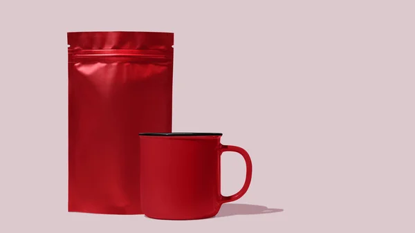 Mockup Van Een Kleine Rode Koffiezak Mok Stabiele Verpakking Voor — Stockfoto