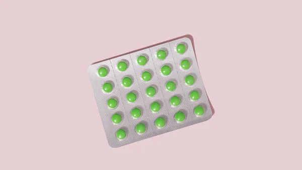 Blister Plata Con Suplementos Vitaminas Cápsulas Verdes Sobre Fondo Rosa —  Fotos de Stock