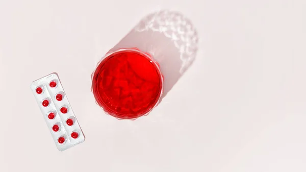 Κόκκινα Χάπια Μια Φουσκάλα Και Ένα Ποτήρι Κόκκινο Νερό Ροζ — Φωτογραφία Αρχείου